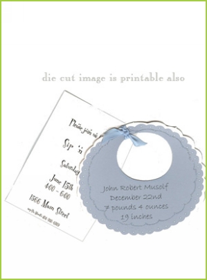 Blue Bib with blue ribbon tag with clear glitter invitation by Stevie Streck